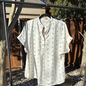 White and Blue Casual Button Down Shirt with Polka Dots